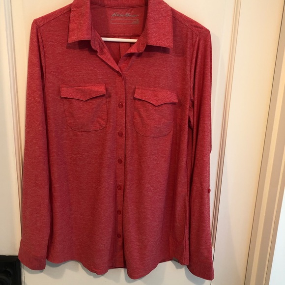 Eddie Bauer Tops - EUC Eddie Bauer Sweet & Soft Red Long-Sleeve with Roll-Up Cuff Option Shirt